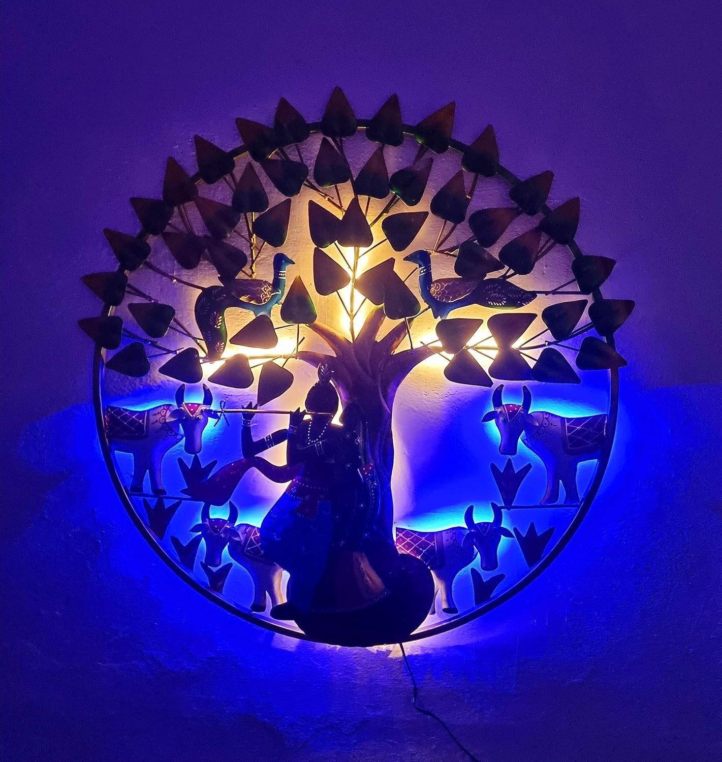 GUNENDRA Handicrafts Metal Wall Art Iron Wall Hanging Radha Krishna Cow With LED Light for Home Decoration Showpiece for Living Room/Bedroom/Hotel/Restaurant/Drawing Room Interiors (Size: 24x24 IN)
