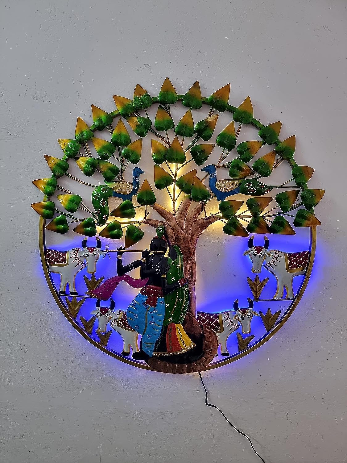 GUNENDRA Handicrafts Metal Wall Art Iron Wall Hanging Radha Krishna Cow With LED Light for Home Decoration Showpiece for Living Room/Bedroom/Hotel/Restaurant/Drawing Room Interiors (Size: 24x24 IN)