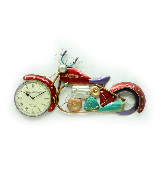 GUNENDRA Handicrafts Metal Handpainted Bike Showpiece Wall Clock in Blue Color for Home Decoration and Office Decoration (Red)