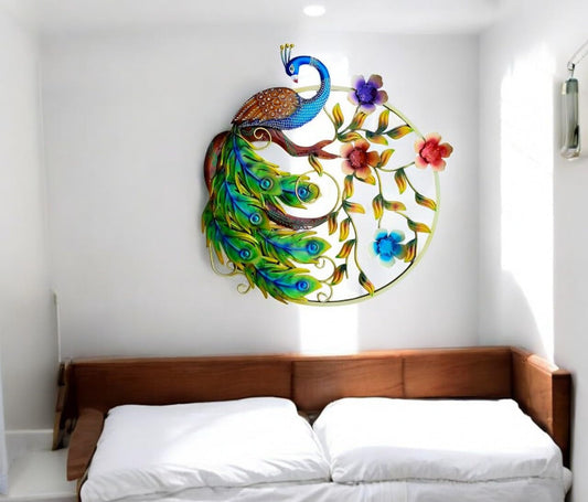 GUNENDRA Handicrafts LED Peacock Wall Art with Floral Design - Handcrafted Metal Wall Decor for Living Room, Bedroom, or Office - Vibrant Multicolor Home Decoration