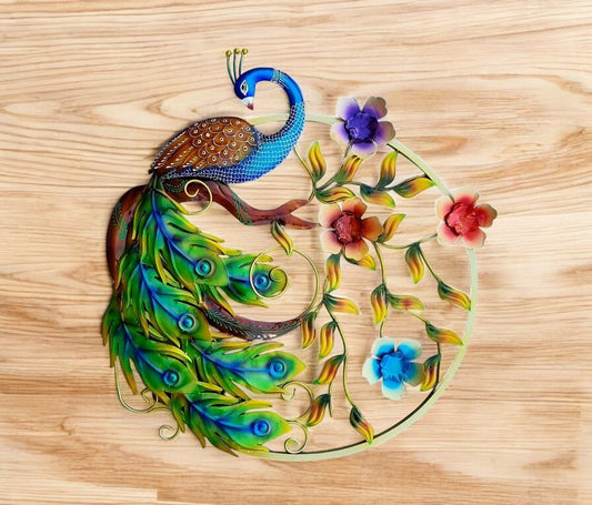 GUNENDRA Handicrafts LED Peacock Wall Art with Floral Design - Handcrafted Metal Wall Decor for Living Room, Bedroom, or Office - Vibrant Multicolor Home Decoration
