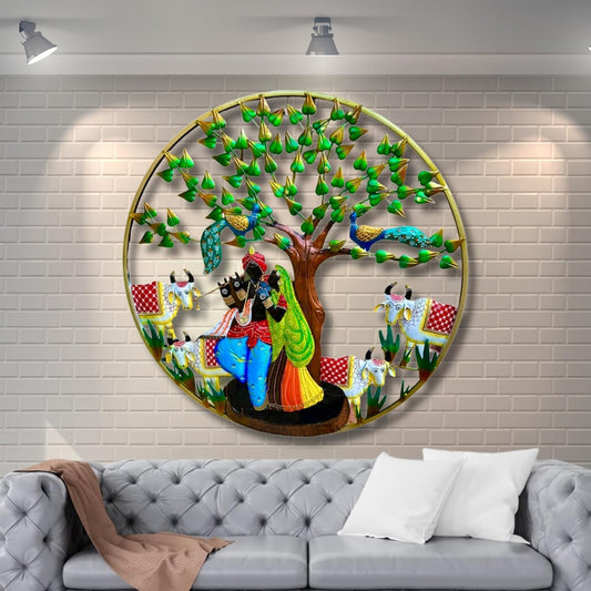 GUNENDRA Handicrafts Metal Wall Art Iron Wall Hanging Radha Krishna Cow With LED