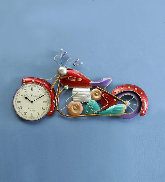 GUNENDRA Handicrafts Metal Handpainted Bike Showpiece Wall Clock in Blue Color for Home Decoration and Office Decoration (Red)